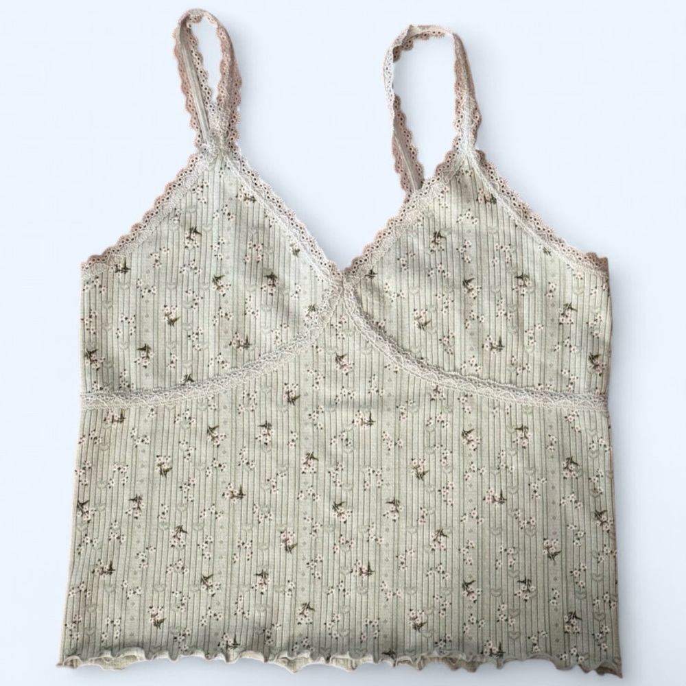 LOLA GRACE Floral Ribbed Cami Tank Top - Cream